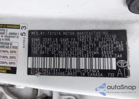 2007 Toyota Corolla Le from USA, damaged, VIN 2T1BR32E37C743812